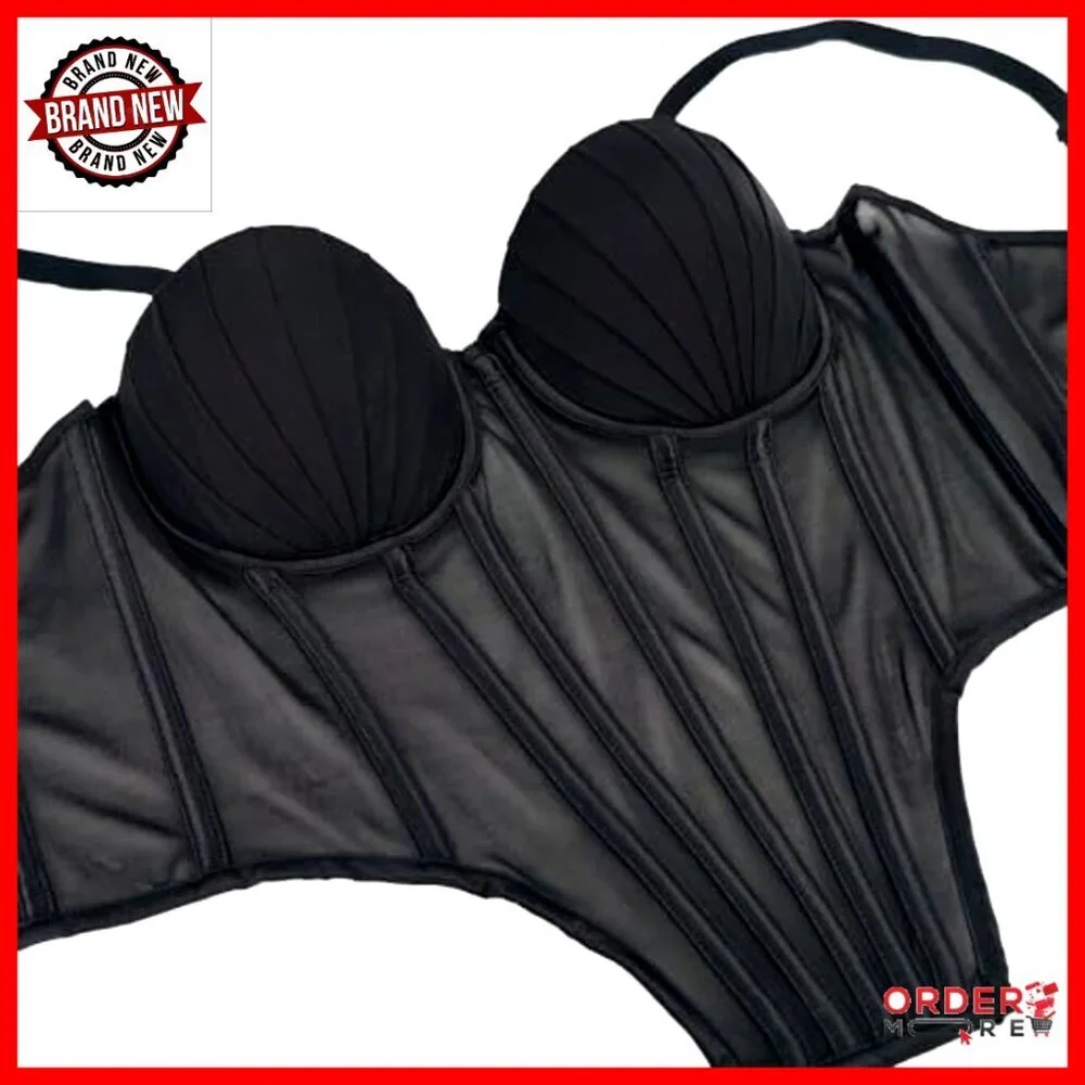 Sheer Mesh Corset Top with Pleated Cups Underwire Bustier Adjustable Straps - Picture 5 of 7